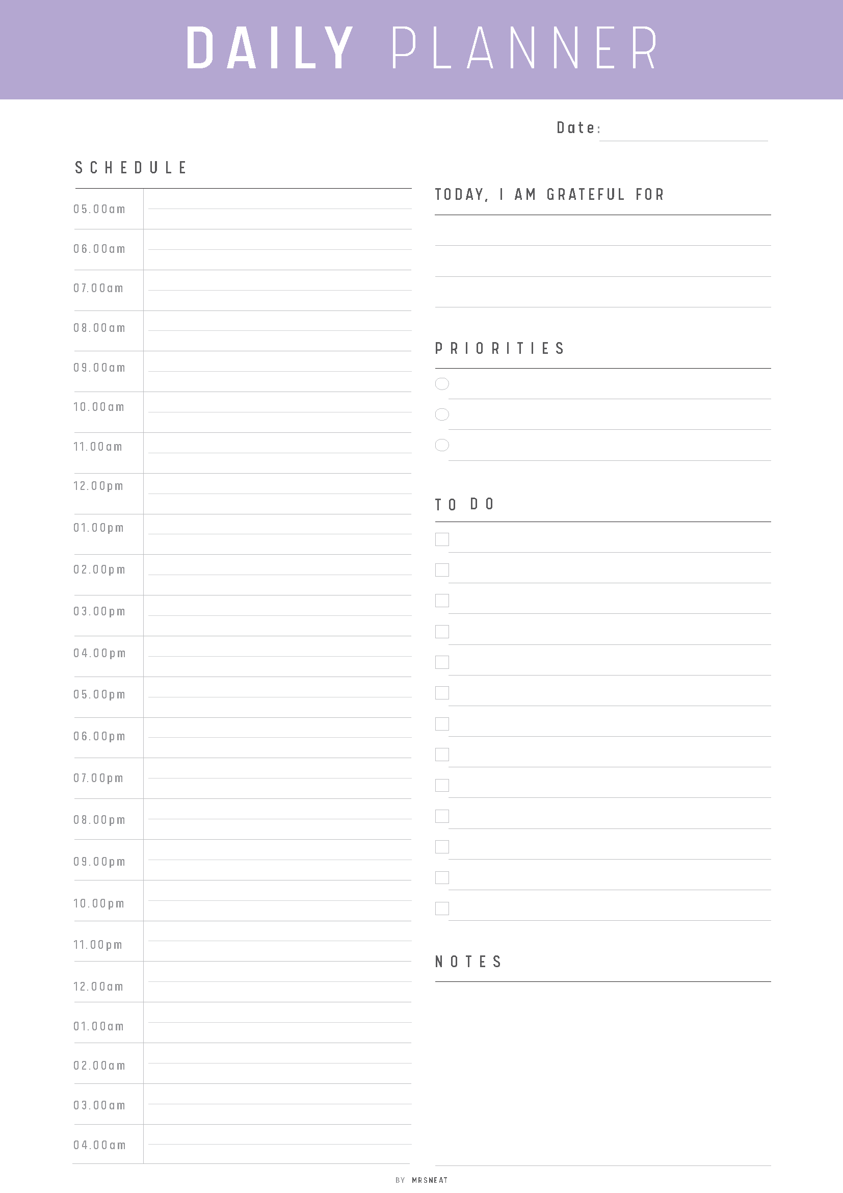 24 Hour Daily Schedule Template Printable