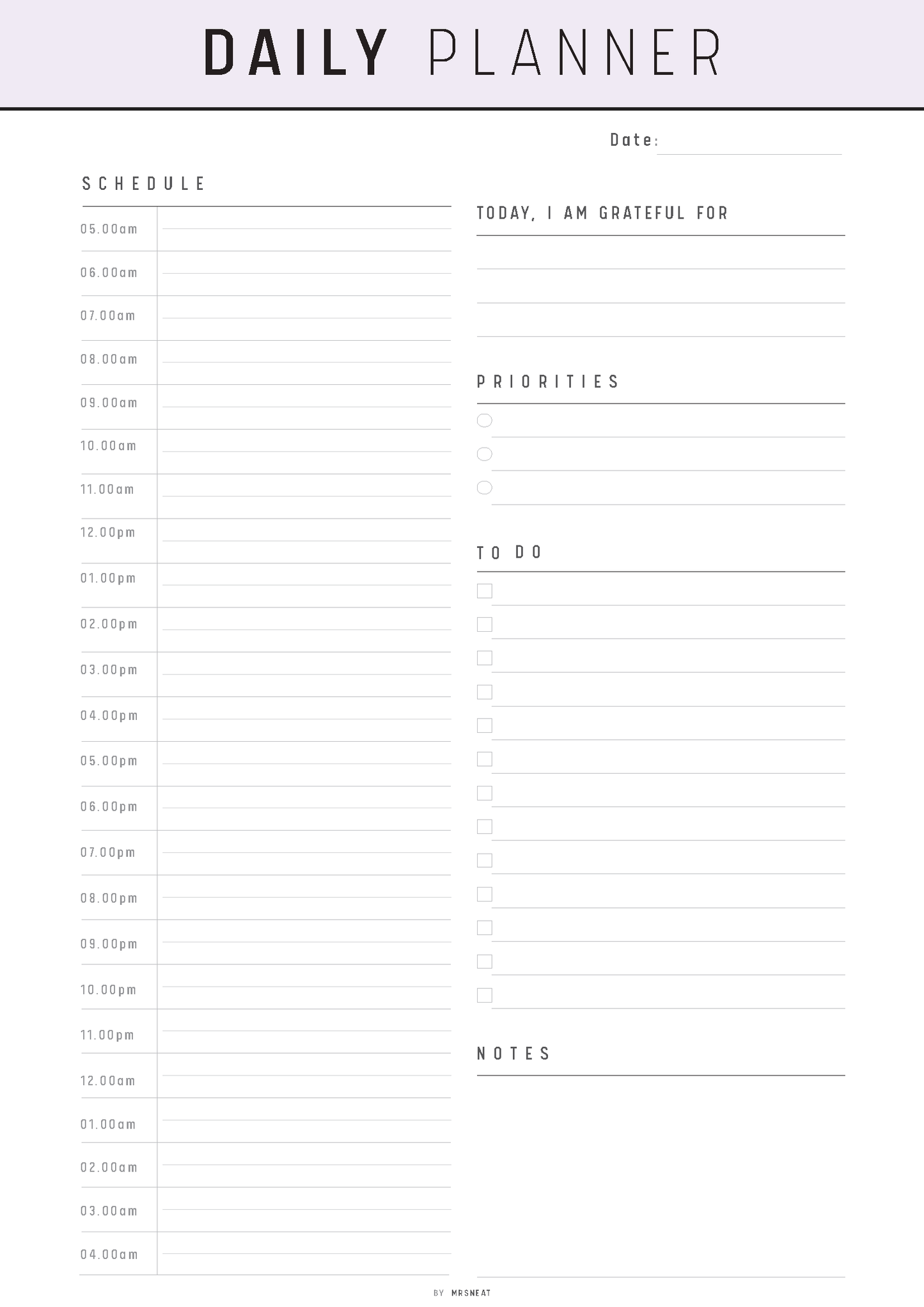 Daily planner with time slots, gratitude section, priorities, to-do list, and notes area.