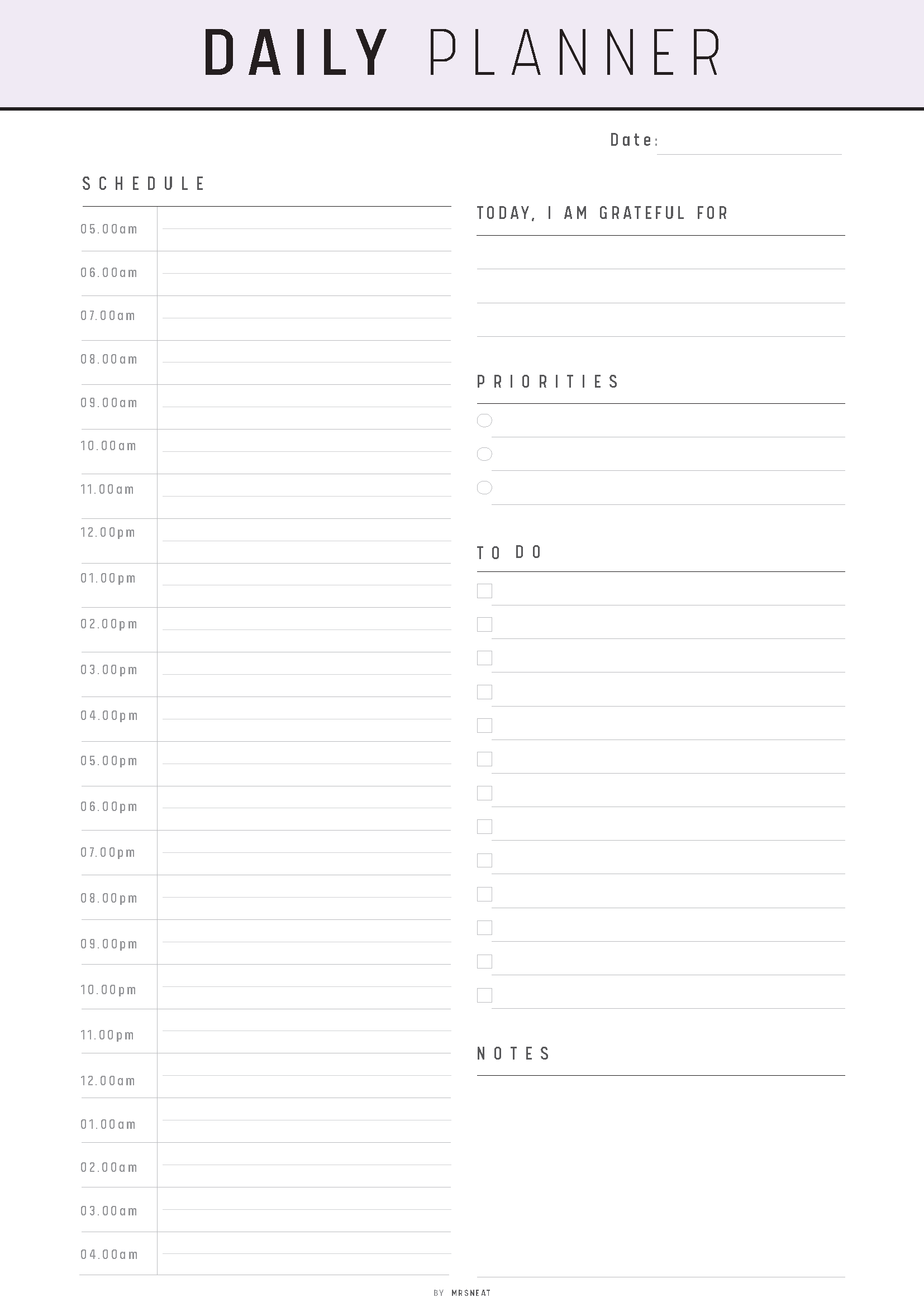 Daily planner with time slots, gratitude section, priorities, to-do list, and notes area.