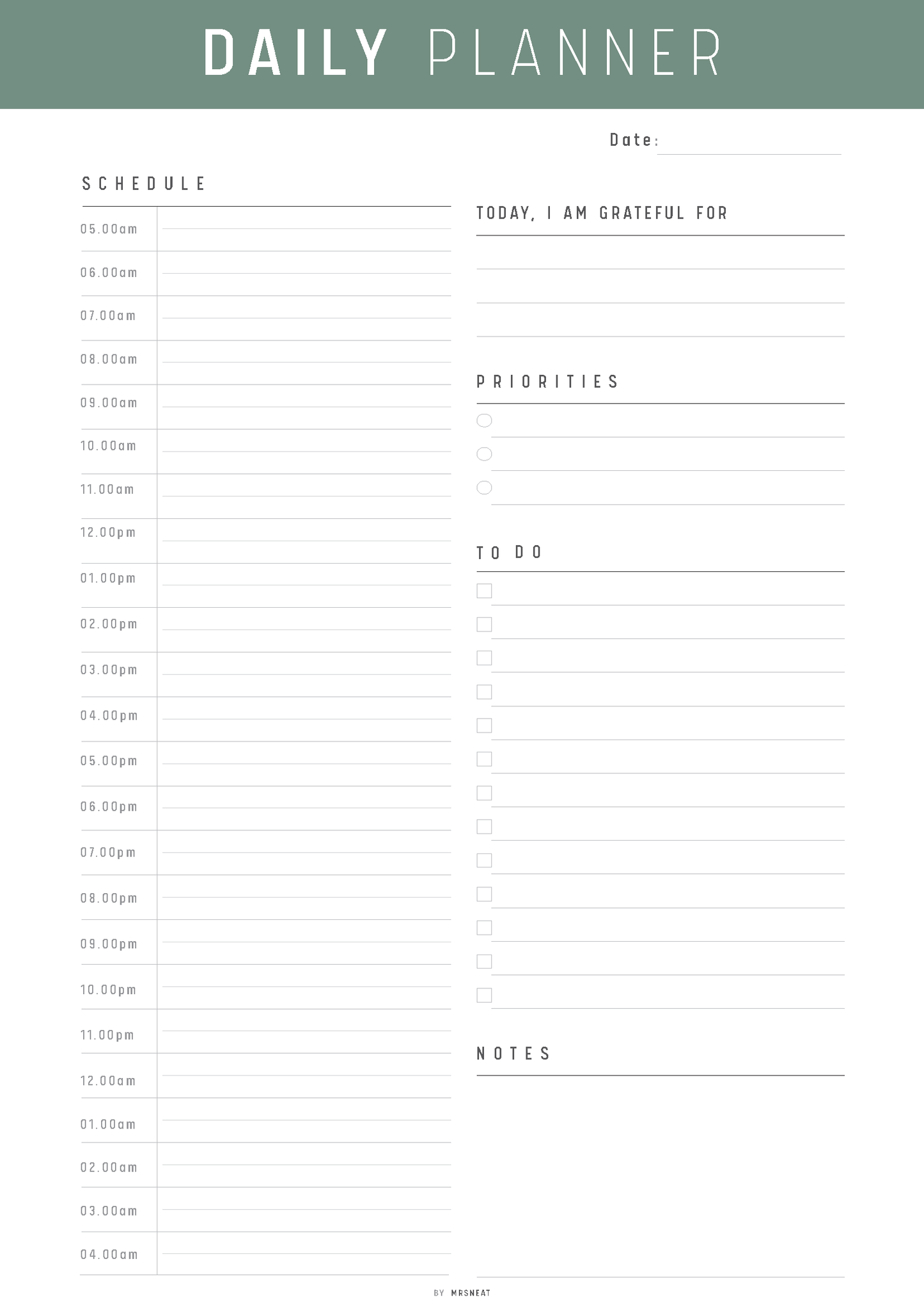24 Hour Daily Schedule Template Printable