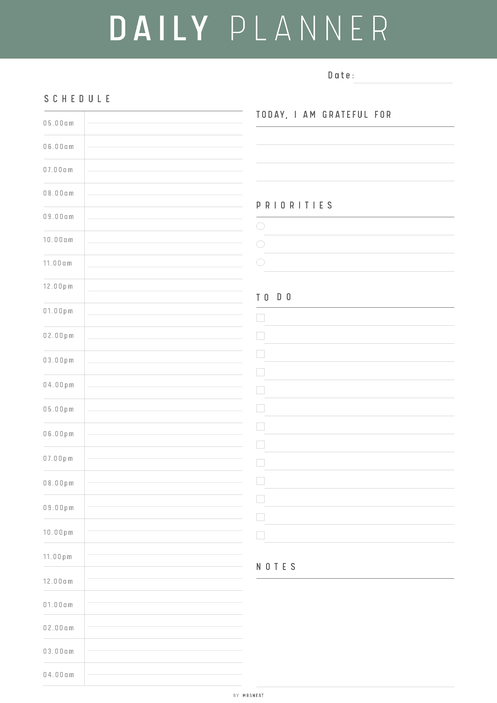 24 Hour Daily Schedule Template Printable