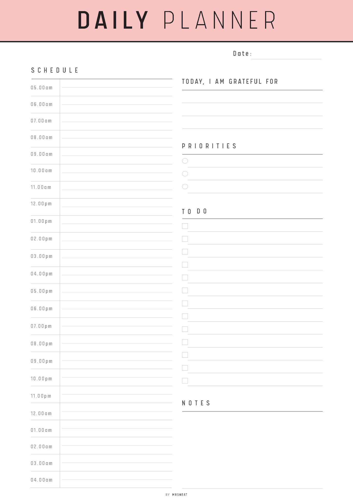 Daily planner with time slots, gratitude section, priorities, to-do list, and notes area on a white background.