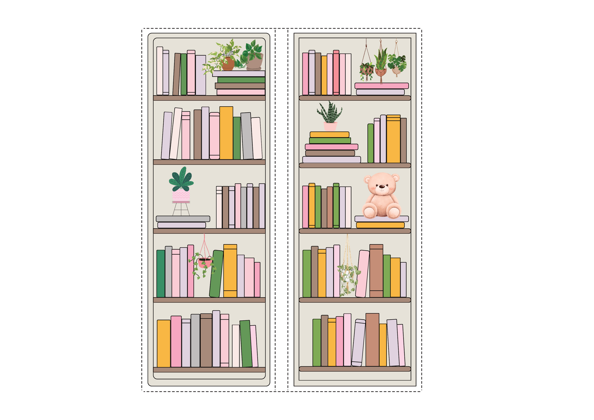 Two bookshelf bookmarks with books and decorative items on a white background