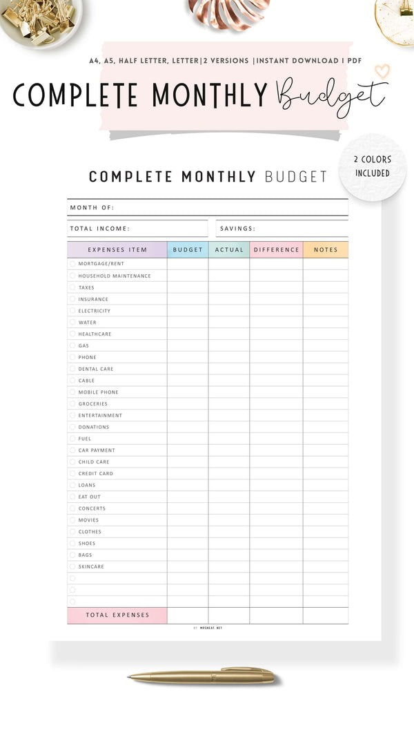 Complete Monthly Budget Template Printable – mrsneat