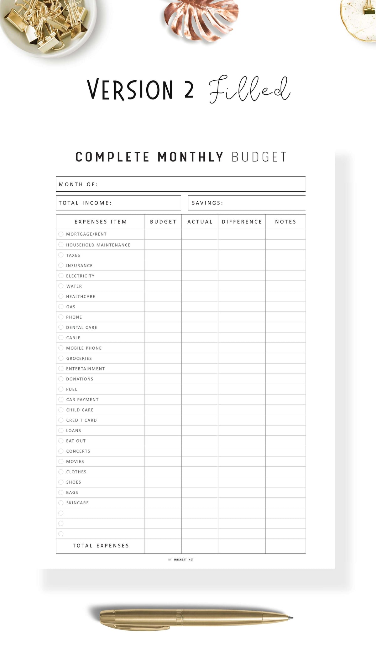 Complete Monthly Budget Template Printable - M396 – mrsneat