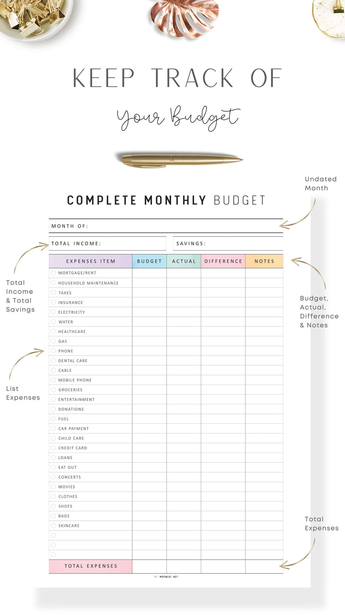 Complete Monthly Budget Template Printable - M396 – mrsneat
