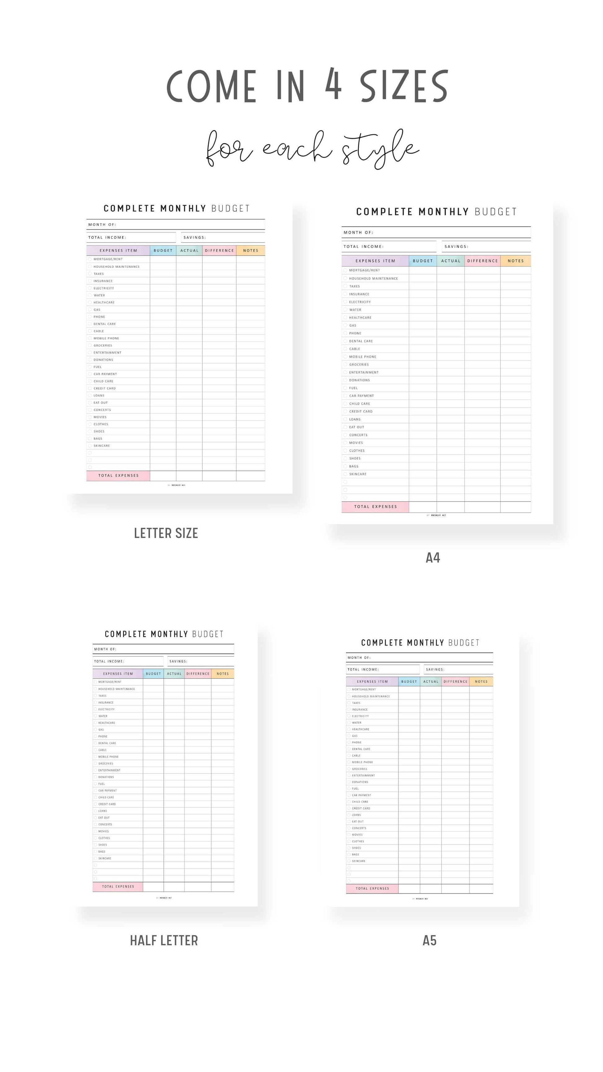 Complete Monthly Budget Template Printable, The Ultimate Monthly Budget Planner, A4, A5, Letter, Half Letter, Colorful Planner, Digital Planner, 2 color options, 2 versions