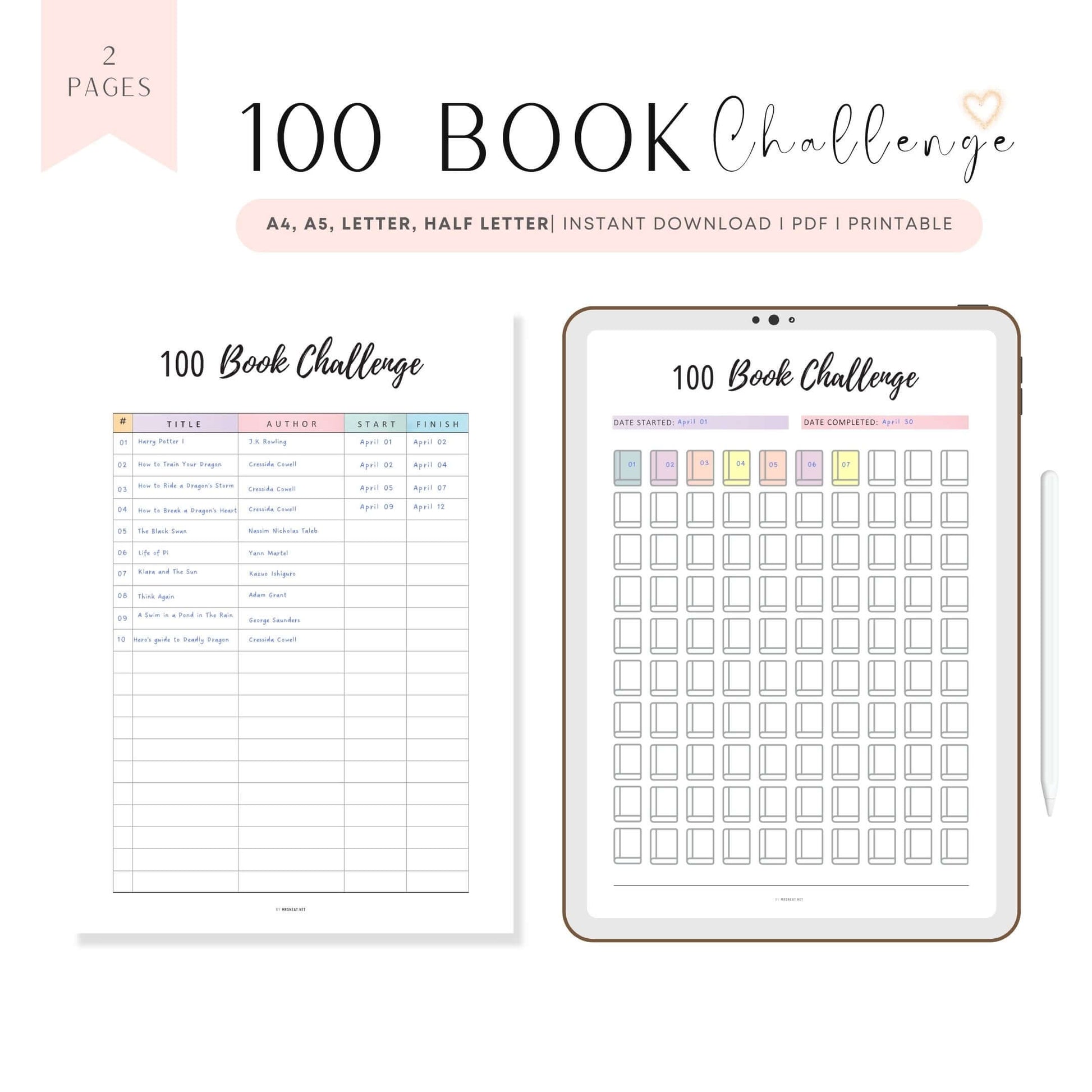 Colorful 100 Book Challenge Template Printable