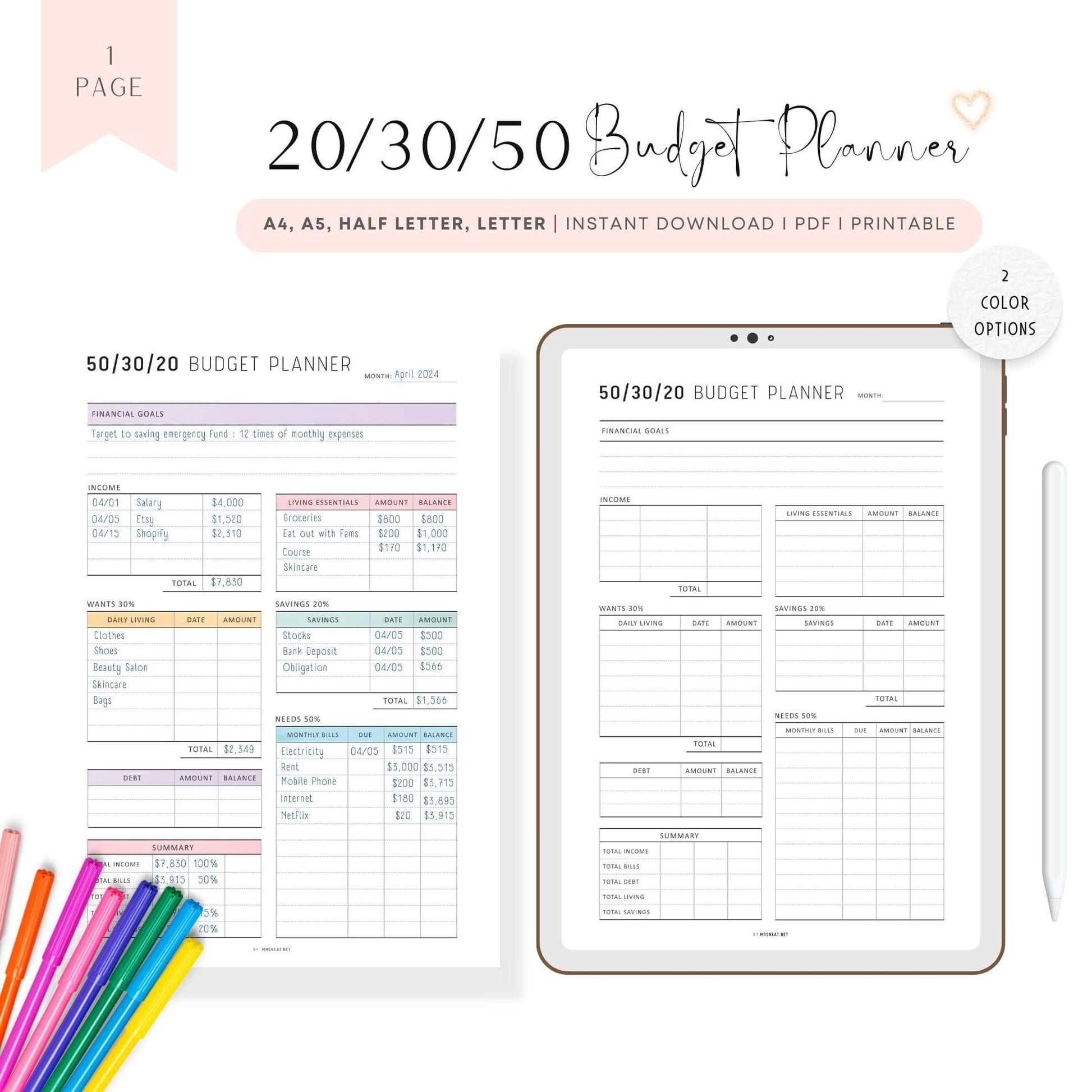 50/30/20 Budget Tracker Template Printable, Monthly Budget Planner, Colorful Page, Digital Budget Planner, A4, A5, Letter, Half Letter, PDF