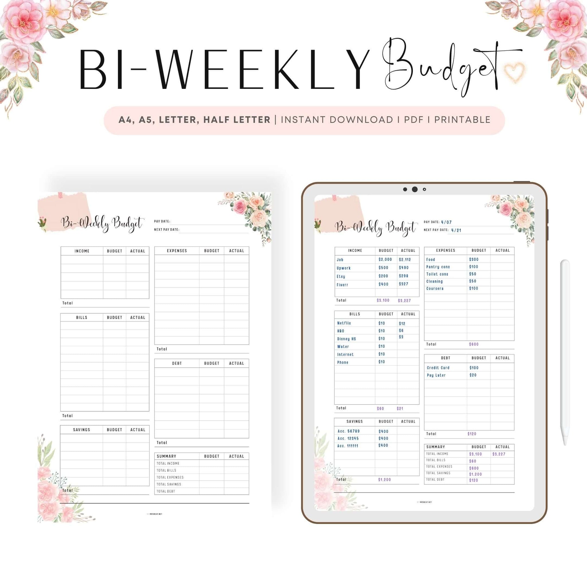 Floral Bi-Weekly Budget Template Printable - M307 – mrsneat