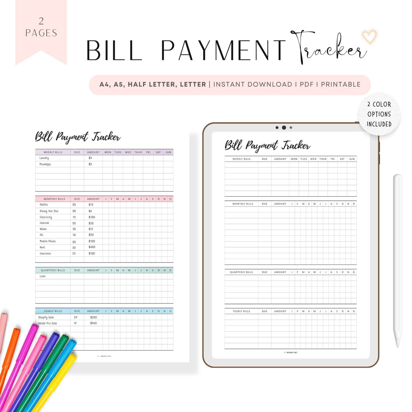 Weekly, Monthly, Quarterly, Yearly Bill Payment Tracker Printable, Colorful and Minimalist Template, A4, A5, Letter, Half Letter, Digital Planner