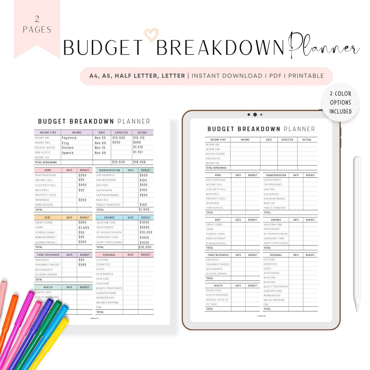 Best Monthly Budget Planner Template Printable, Budget Breakdown Template, Colorful Planner, Minimalist Planner, A4, A5, Letter, Half Letter, PDF