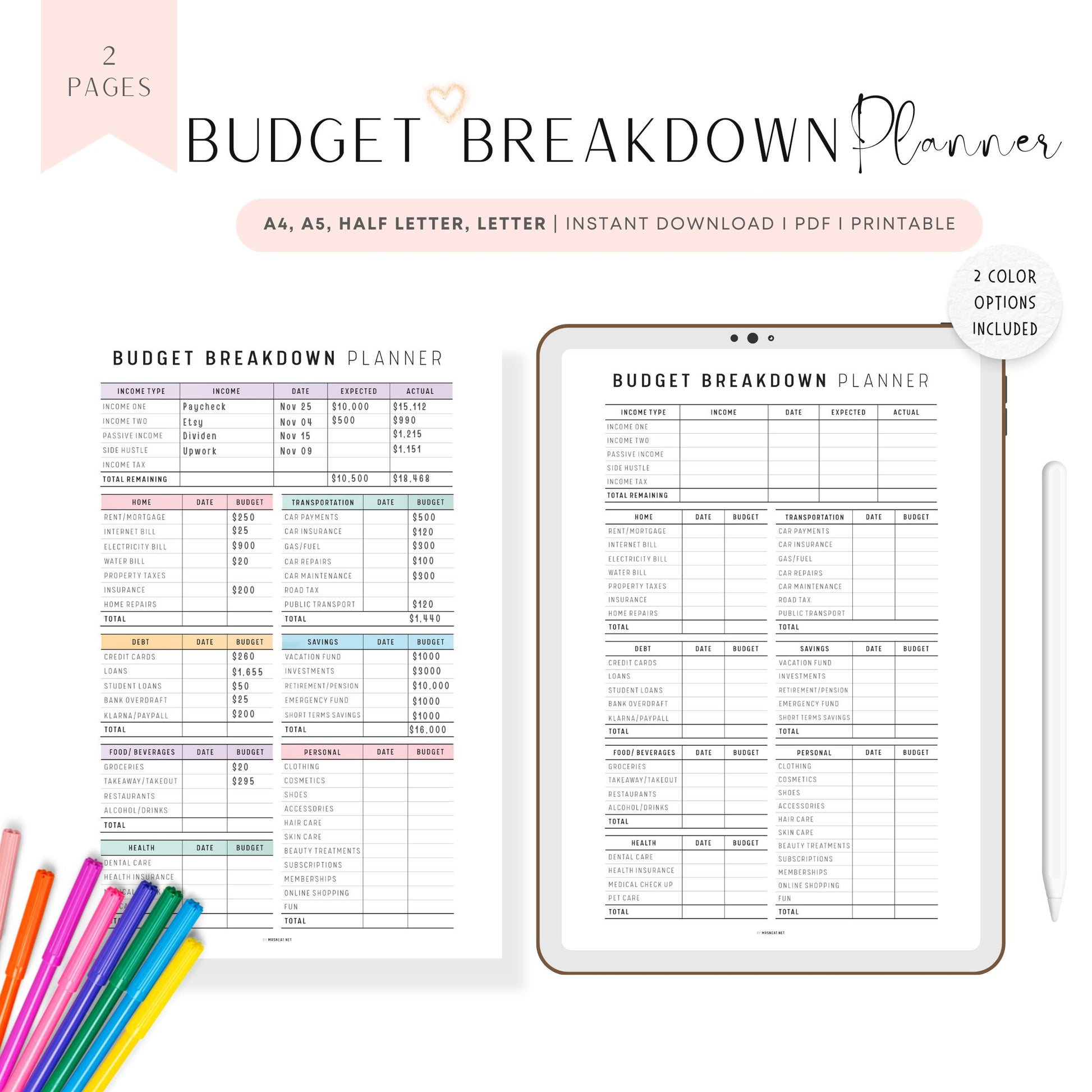 Best Monthly Budget Planner Template Printable, Budget Breakdown Template, Colorful Planner, Minimalist Planner, A4, A5, Letter, Half Letter, PDF