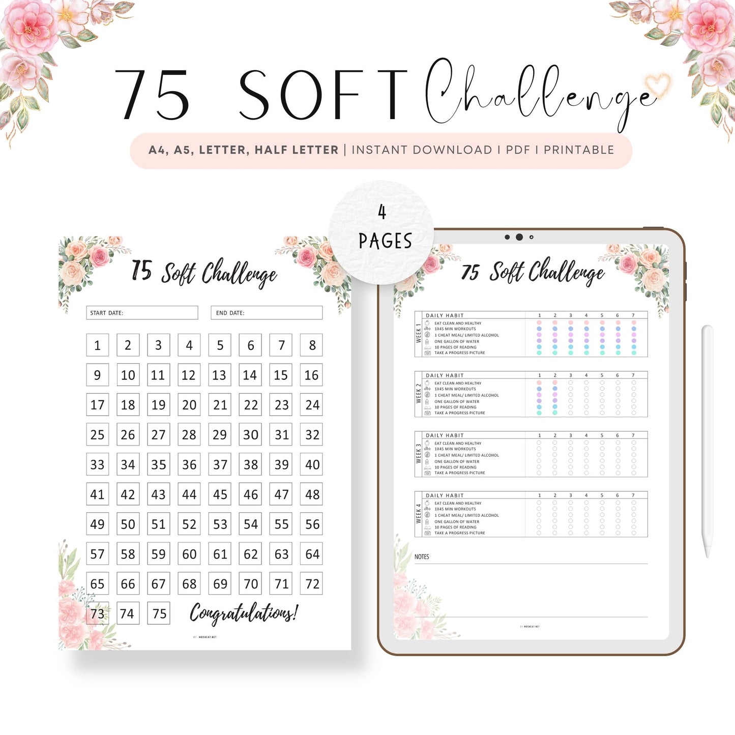 Floral 75 Soft Challenge Tracker Printable