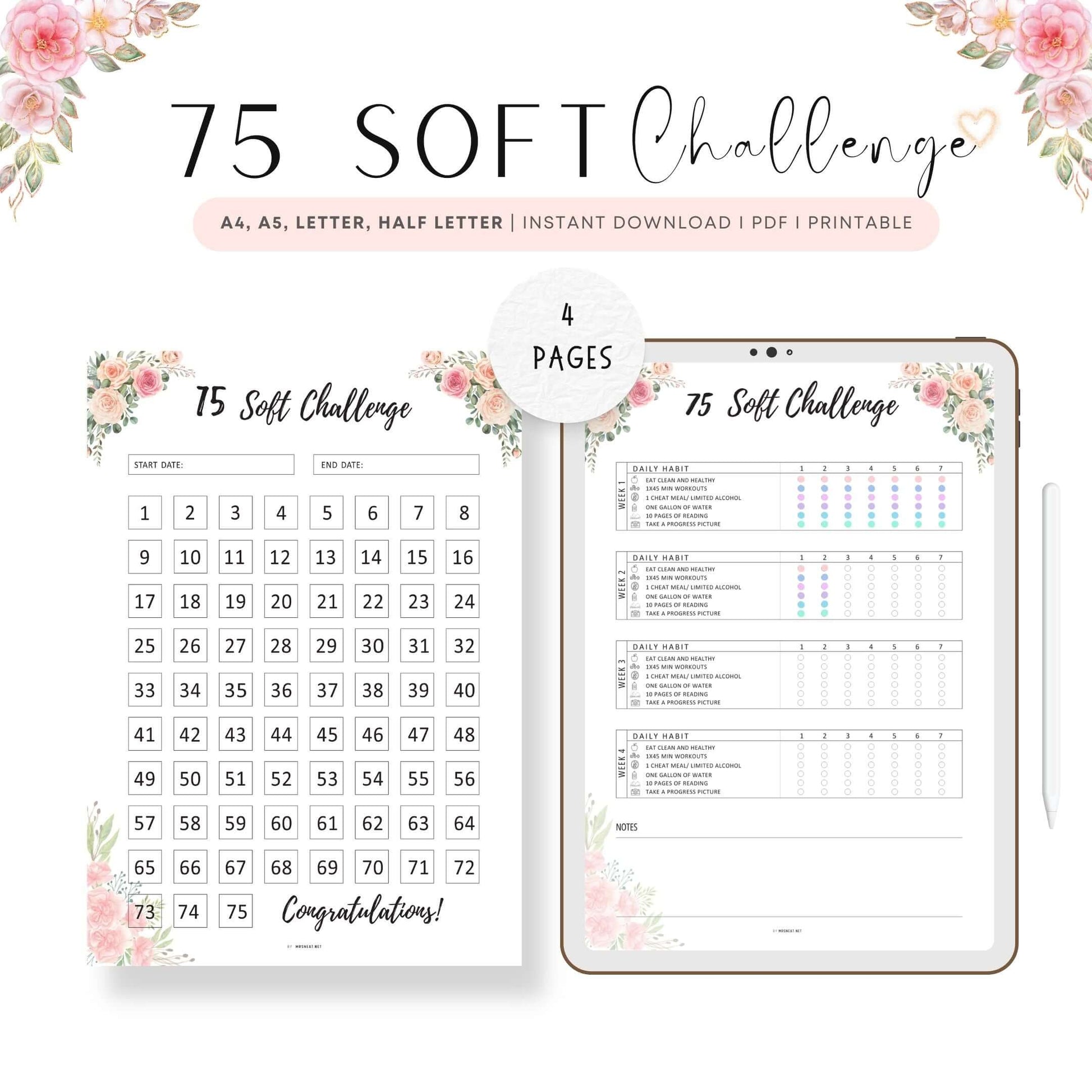 Floral 75 Soft Challenge Tracker Printable - M309