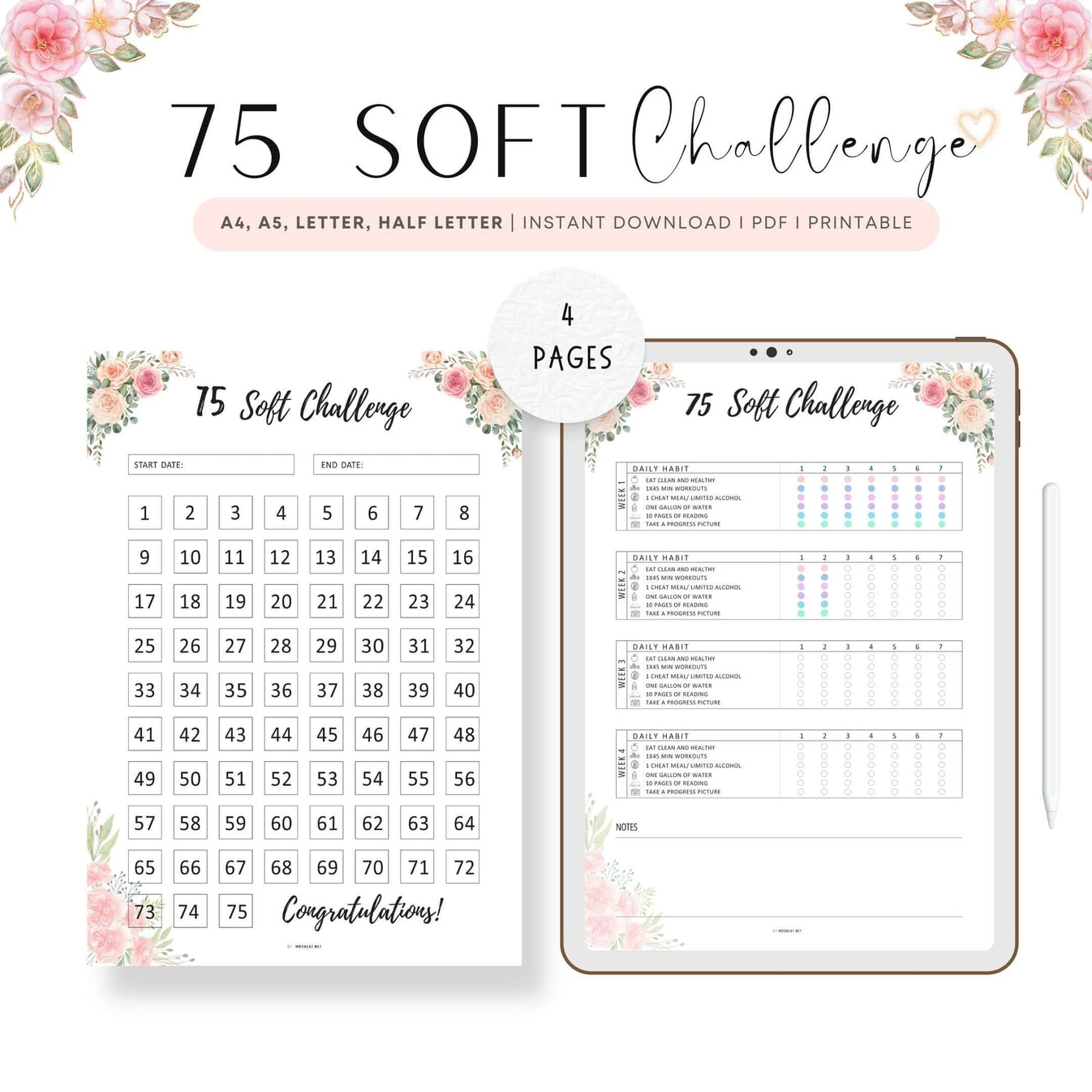 Floral 75 Soft Challenge Tracker Printable – mrsneat