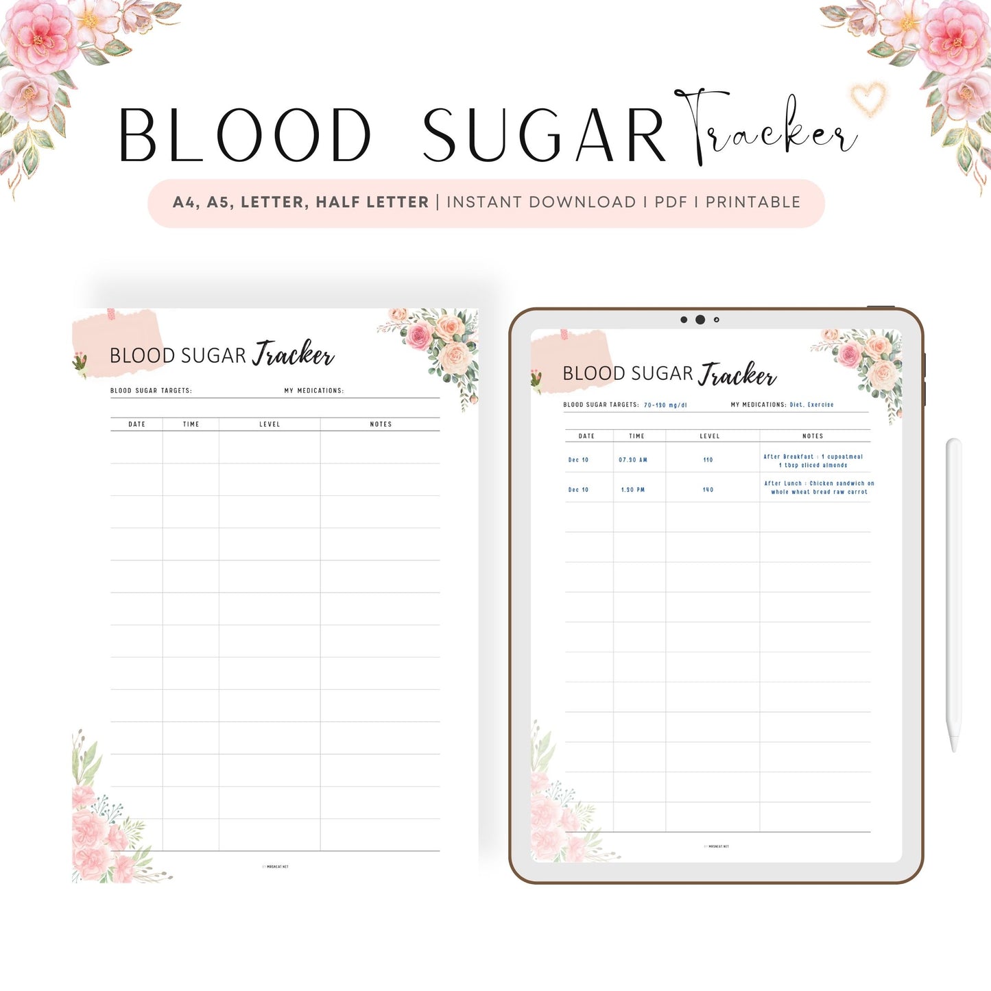 Printable Floral Blood Sugar Tracker Template