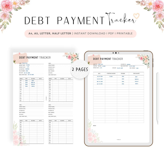 Printable Floral Debt Payment Tracker 2 pages
