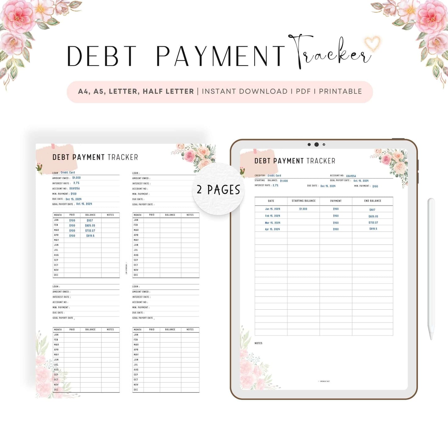 Printable Floral Debt Payment Tracker 2 pages