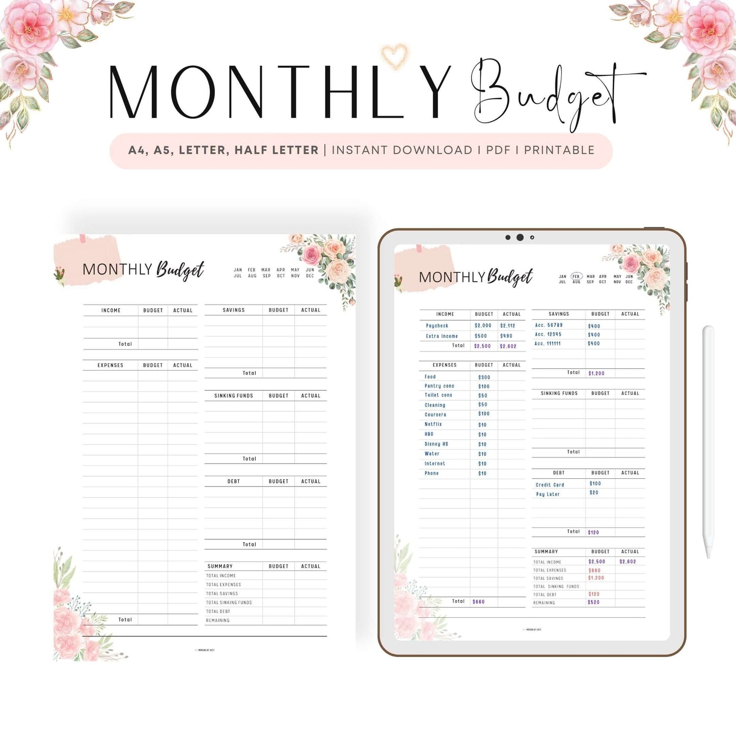 Printable Floral Monthly Budget Planner Template