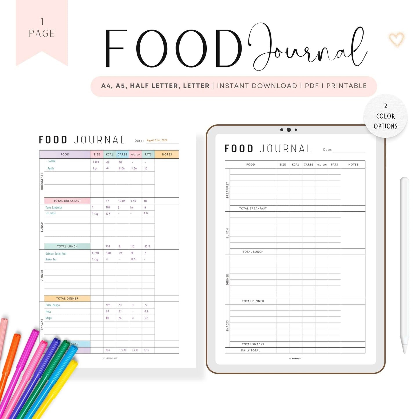 Daily Calorie Tracker Template Printable, Calorie Counter PDF, My Food Diary, Digital Daily Food Journal, A4, A5, Letter, Half Letter, Colorful Page