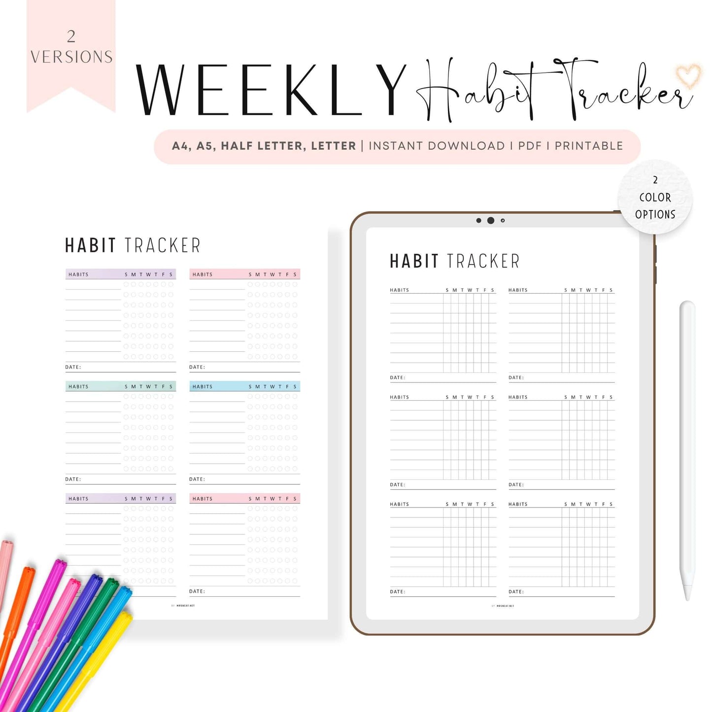 Weekly Habit Tracker Template Printable, 2 versions, 2 color options, Sunday Start, A4, A5, Letter, Half Letter, Digital Habit Tracker, Colorful and Minimalist Style, PDF