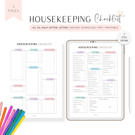 Airbnb Cleaning Checklist Template Printable, Housekeeping Checklist Planner, A4, A5, Letter, Half Letter, Colorful Page, Digital Planner