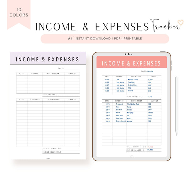 Income & Expense Tracker Planner Printable in 10 color options