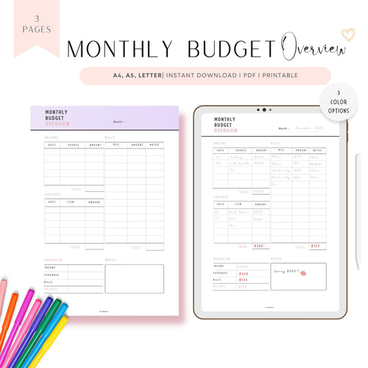 Monthly Budget Overview Template, A4, A5, Letter, 3 color options