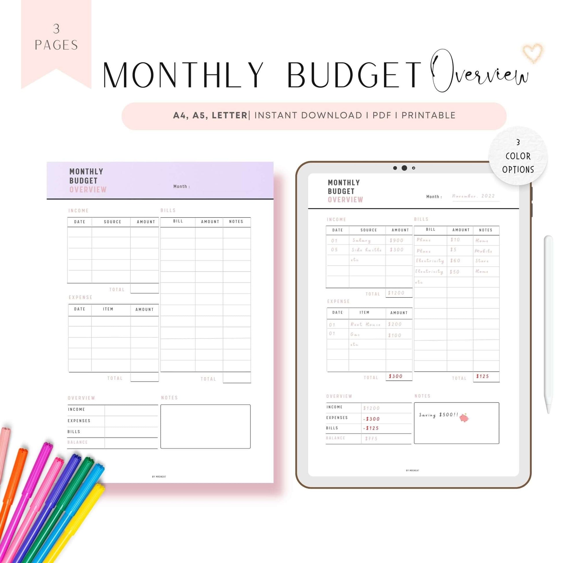 Monthly Budget Overview Template, A4, A5, Letter, 3 color options