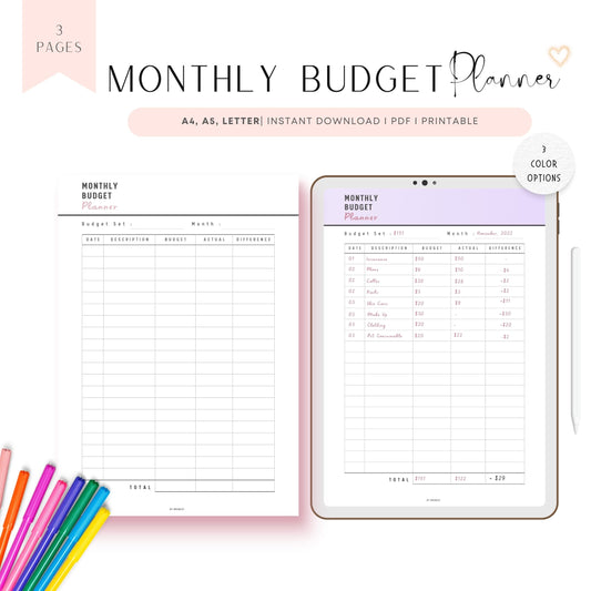 Monthly Budget Planner Printable, Budget Sheet, PDF, A4, A5, Letter, 3 color options