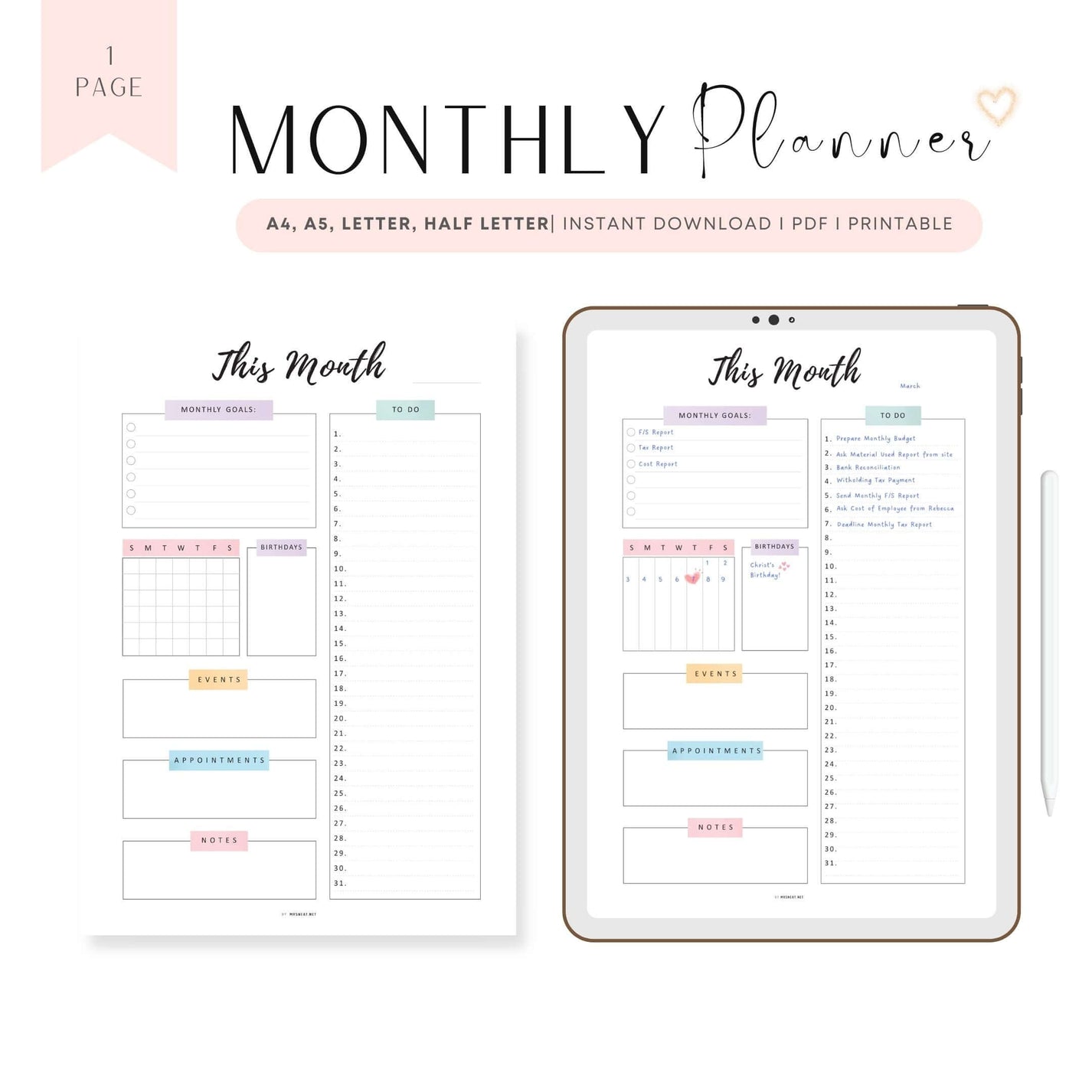 Printable Monthly Planner Template PDF Mrsneat