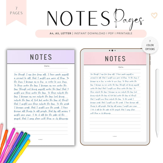 Note Pages Printable, Daily Agenda, Note Taking, Study Notes, Writing Paper, A4, A5, Letter, 7 Color Options