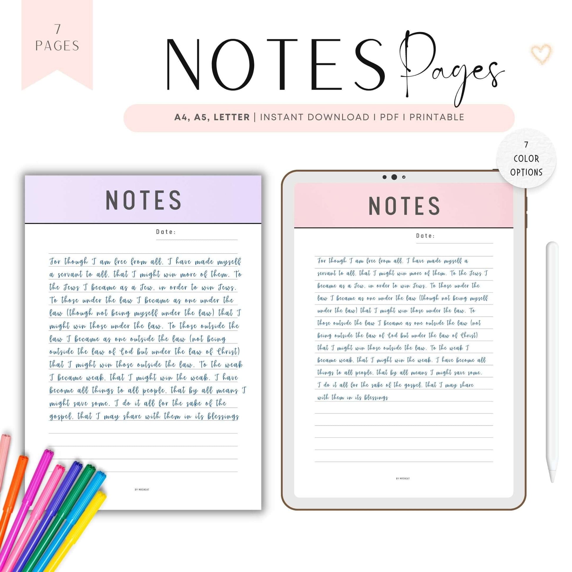 Note Pages Printable, Daily Agenda, Note Taking, Study Notes, Writing Paper, A4, A5, Letter, 7 Color Options