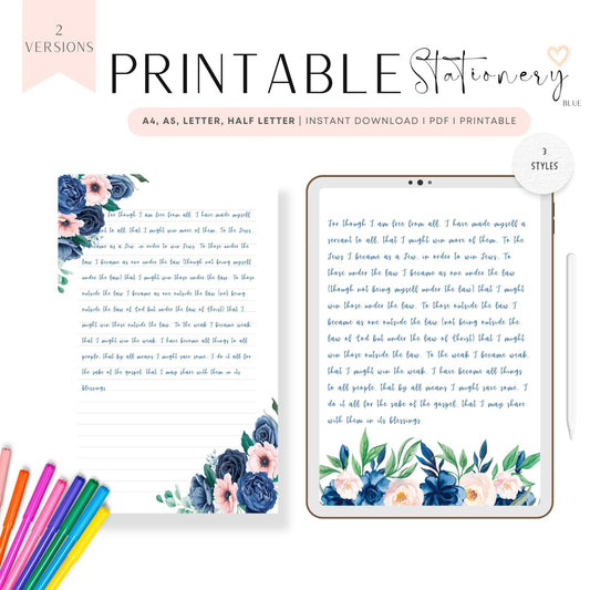 Blue Floral Printable Stationery, Writing Paper, Note Taking Template, A4, A5, Letter, Half Letter, Unlined Notes, Lined Notes, 3 Styles, Beautiful Blue Floral Paper