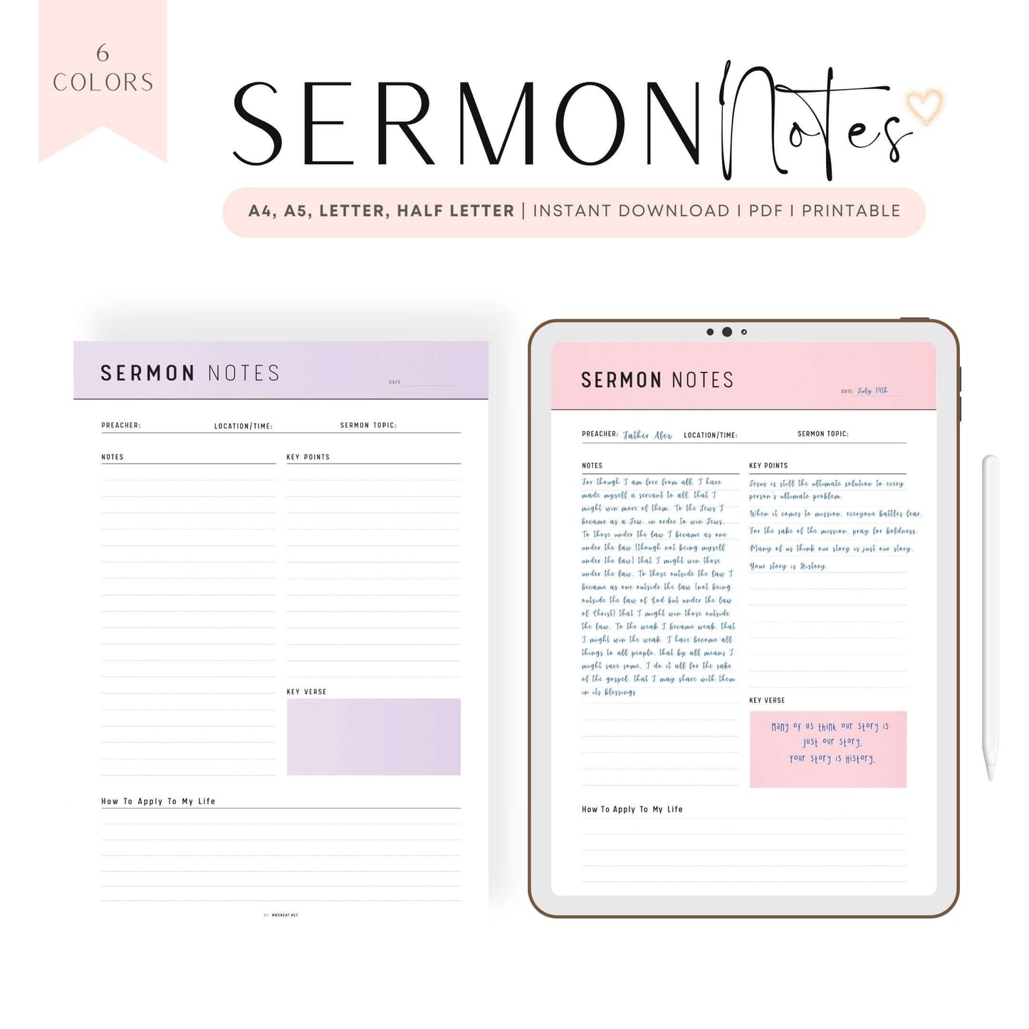 Printable Sermon Notes Journal Template Mrsneat