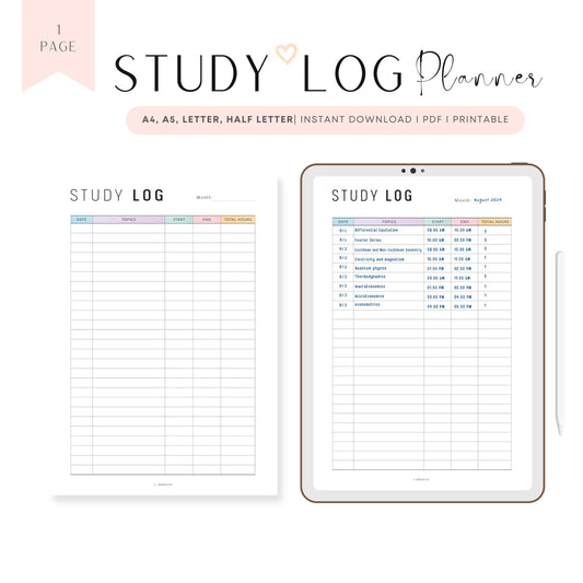 Monthly Study Log Planner Printable