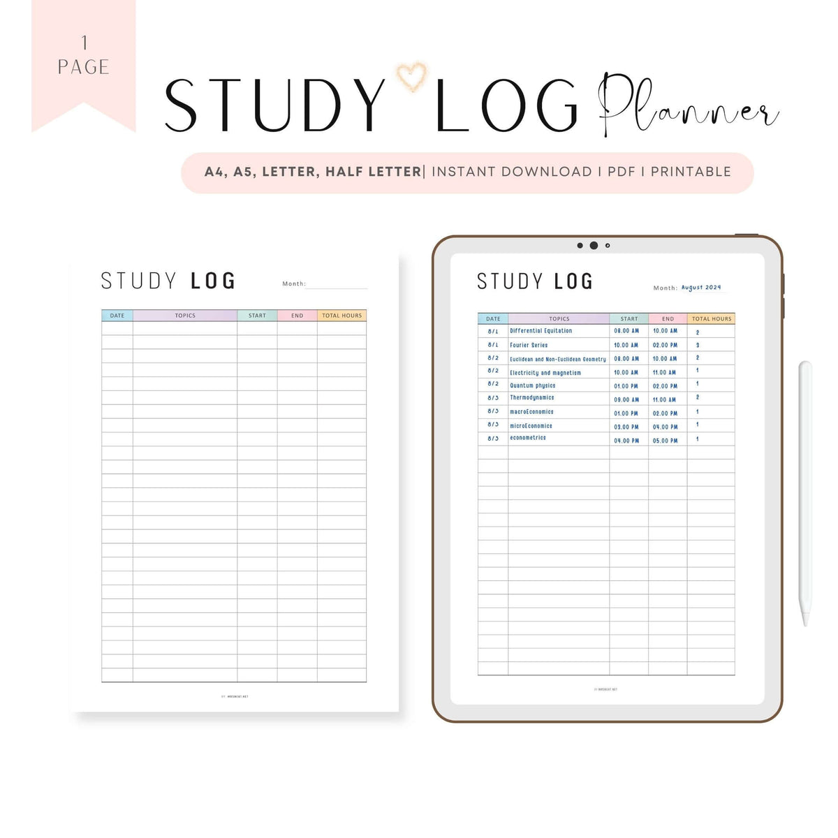 Study Log Free Monthly Study Log Planner Printable - M324 – mrsneat
