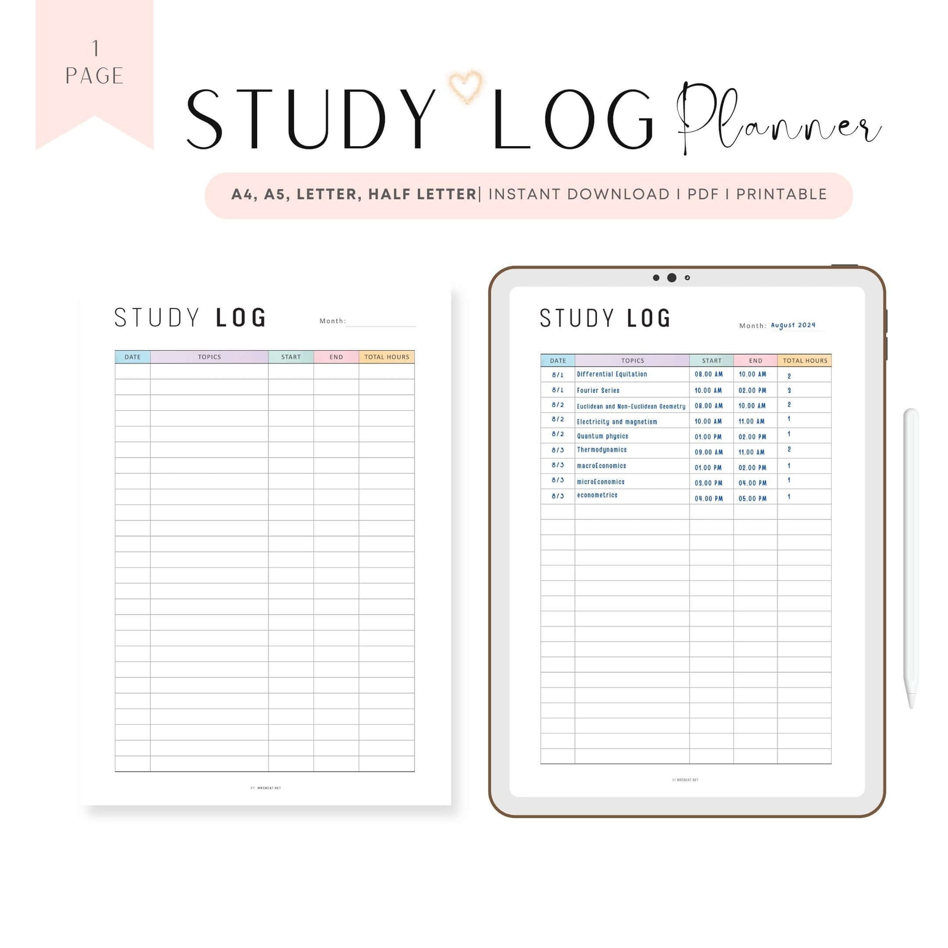 Monthly Study Log Planner Printable - M324 – mrsneat monthly-study-log-planner-printable-m324-mrsneat