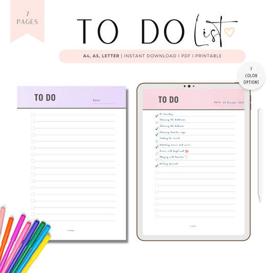 To Do List Printable, Productivity Planner, 7 color options, A5, A4, US Letter, To Do List Template