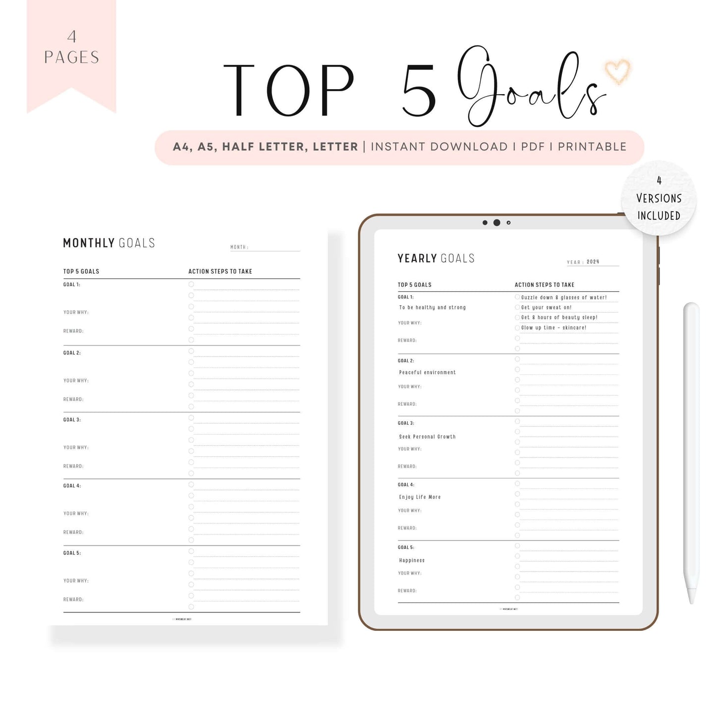 Top 5 Yearly, Quarterly, Monthly, Weekly Goals Planner Printable, Goal Setting, Goal Planning, Productivity Planner, A4/a5/letter/half, Digital Planner, Minimalist Goal Planner