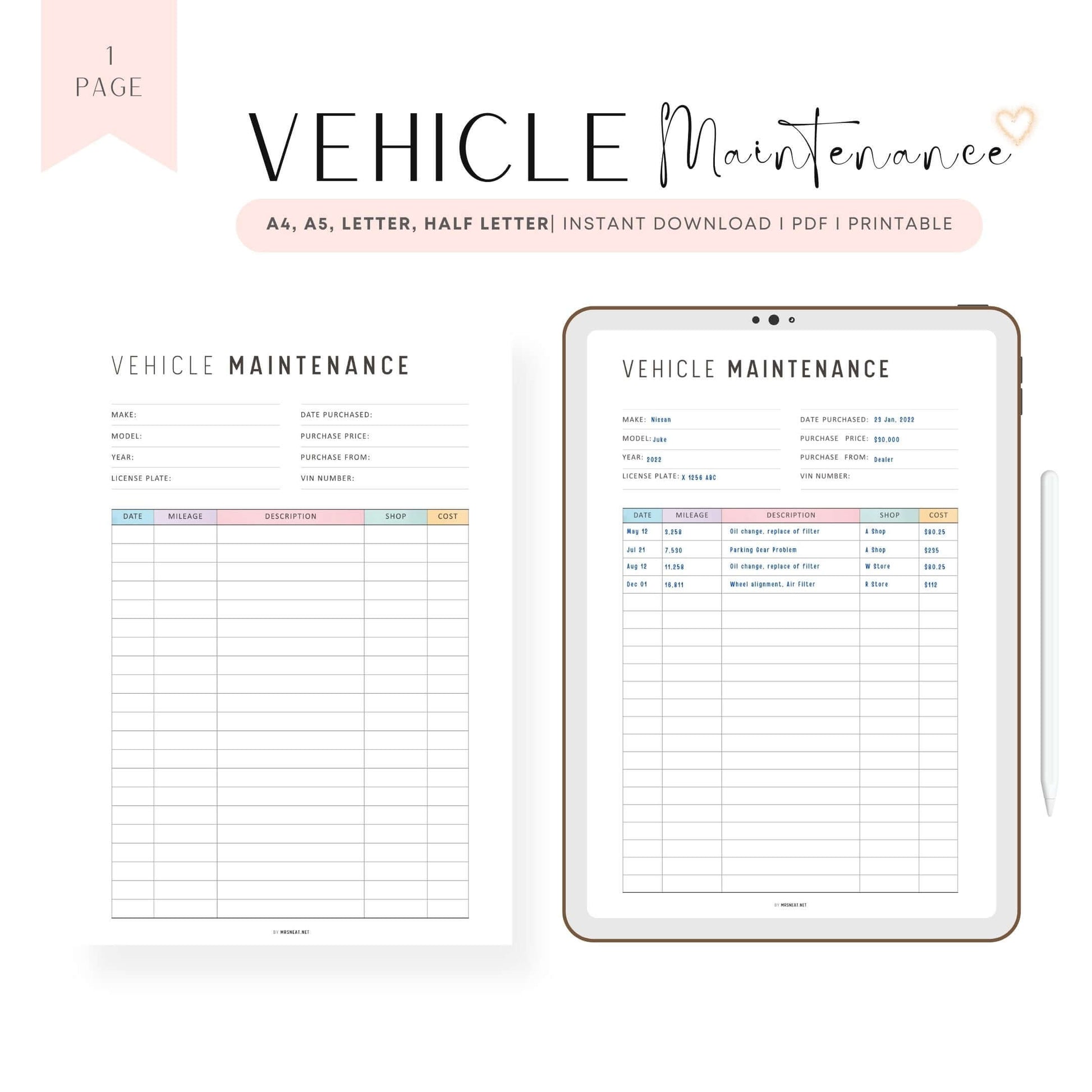 Colorful Vehicle Maintenance Template Printable