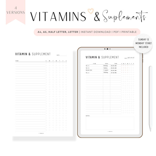 Daily Vitamin & Supplements Tracker Printable, A4, A5, Letter, Half Letter, Digital Planner, Sunday and Monday start included, 4 versions