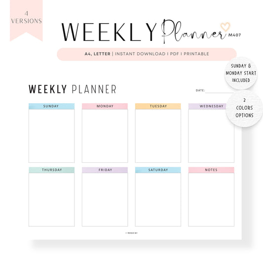 Landscape Minimalist Weekly Planner Printable, 4 Versions, A4 & Letter size, Sunday and Monday start Included, Colorful and Minimalist Style Options