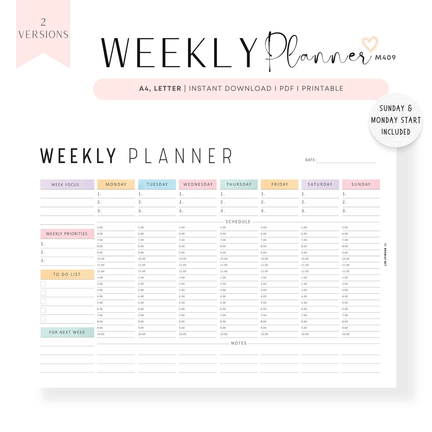 Colorful Weekly Hourly Planner Template Printable - M409 – mrsneat
