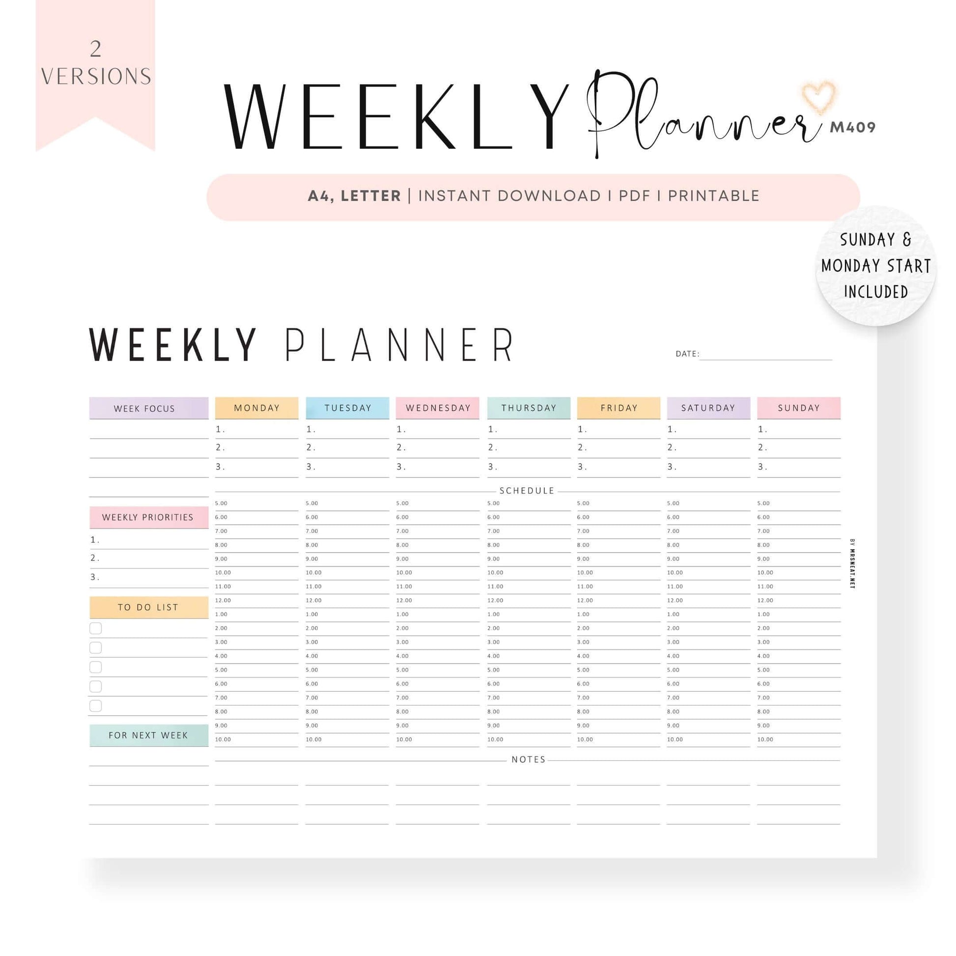 Colorful Weekly Hourly Planner Template Printable, Minimalist Option, A4, Letter, Sunday and Monday start options included, Landscape Template, Digital Planner