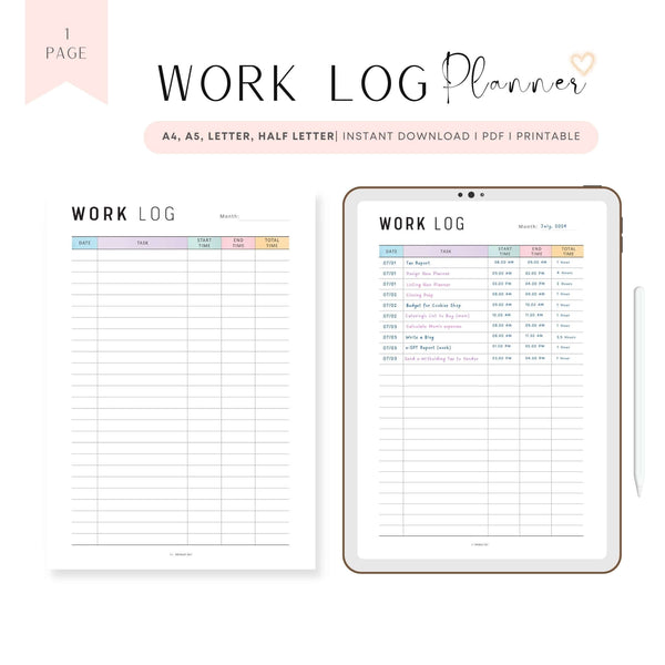 Printable Work Log Template - M327 – mrsneat