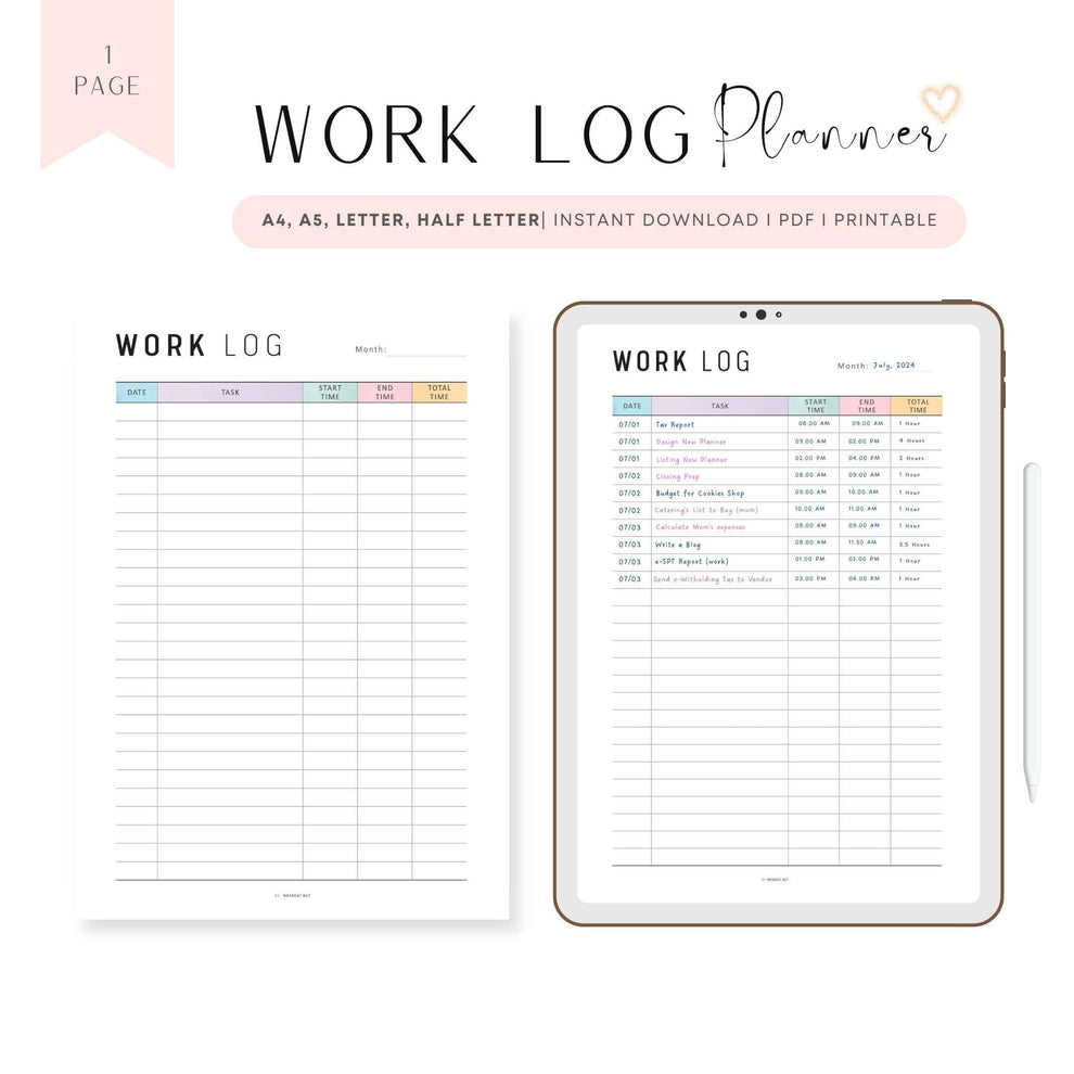 Printable Work Log Template - M327 – mrsneat