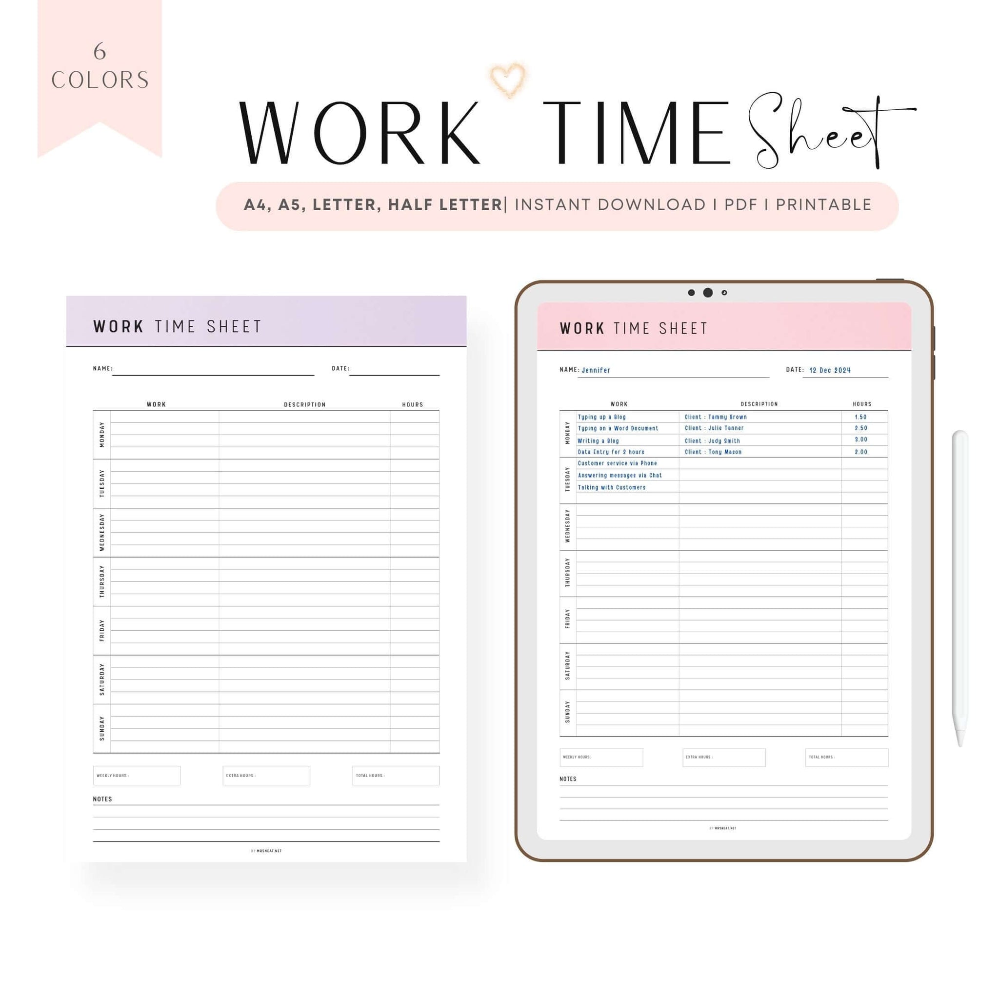 Printable Work Time Sheet Template – mrsneat