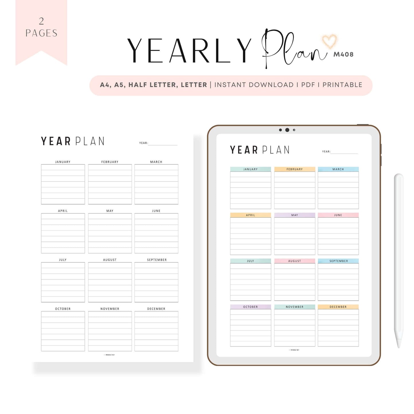 Printable Yearly Planner Template, Minimalist and Colorful Style, A4, Letter, Half Letter, PDF, Digital Planner